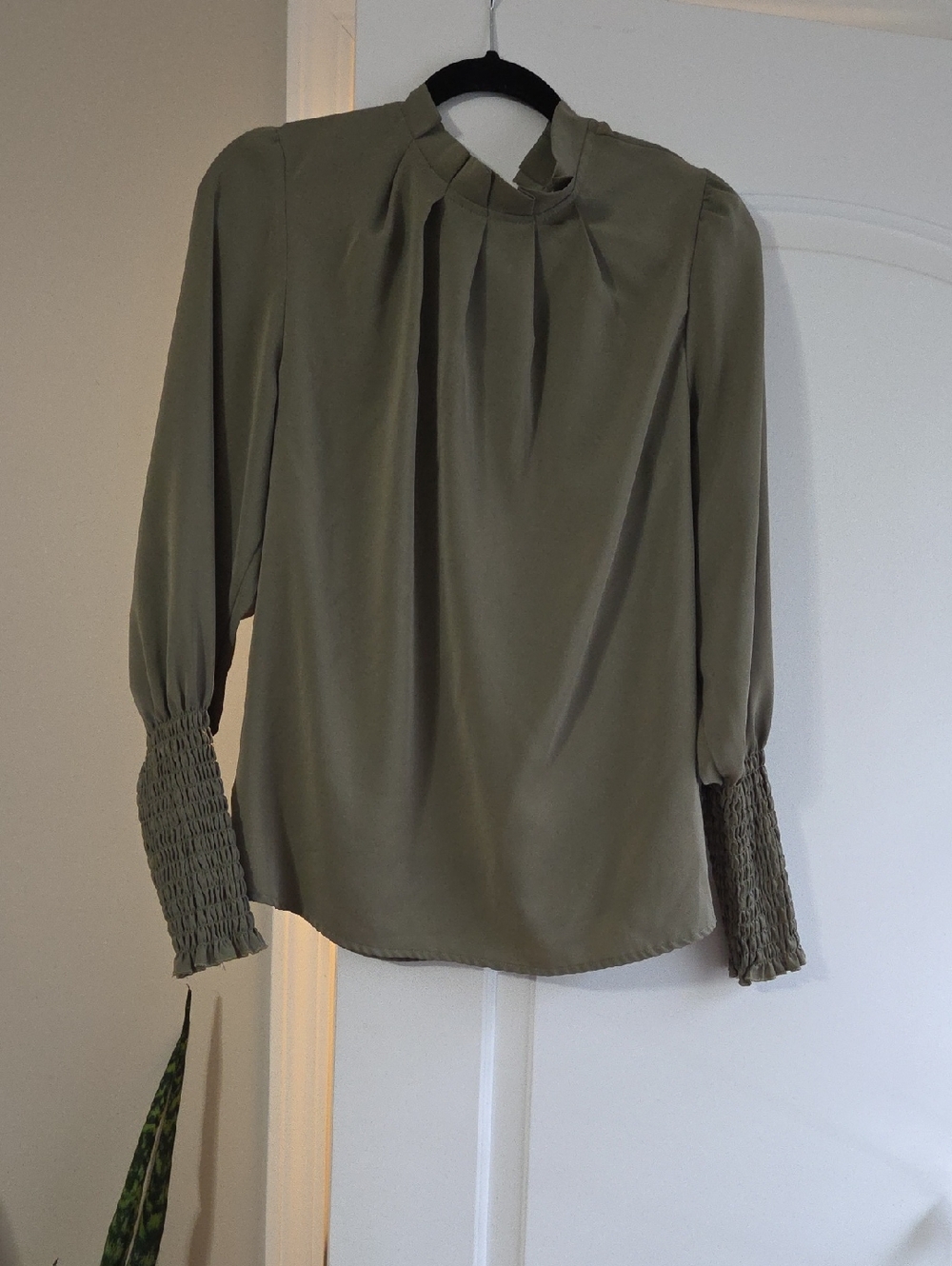 Olive Green Women's Blouse with Smocked Cuffs
